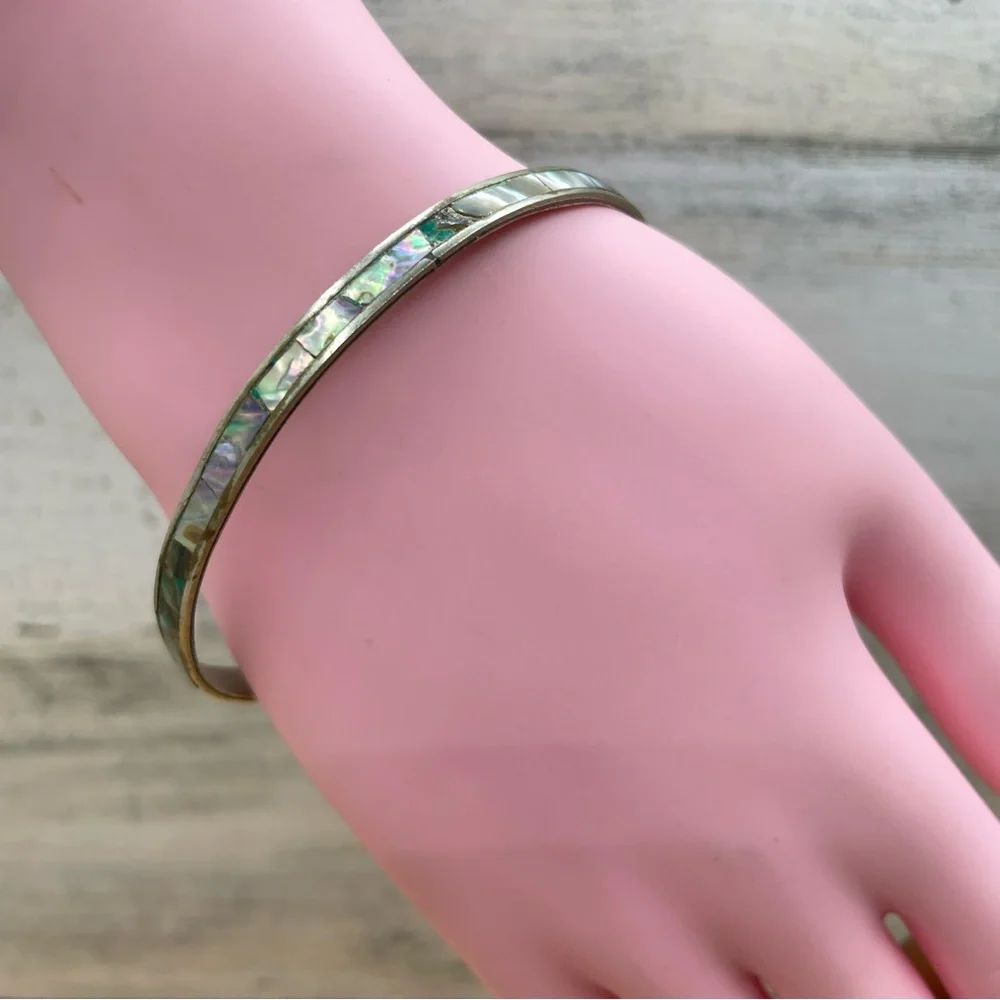 Vintage Signed Mexico Crushed Abalone Shell Bangle Bracelet